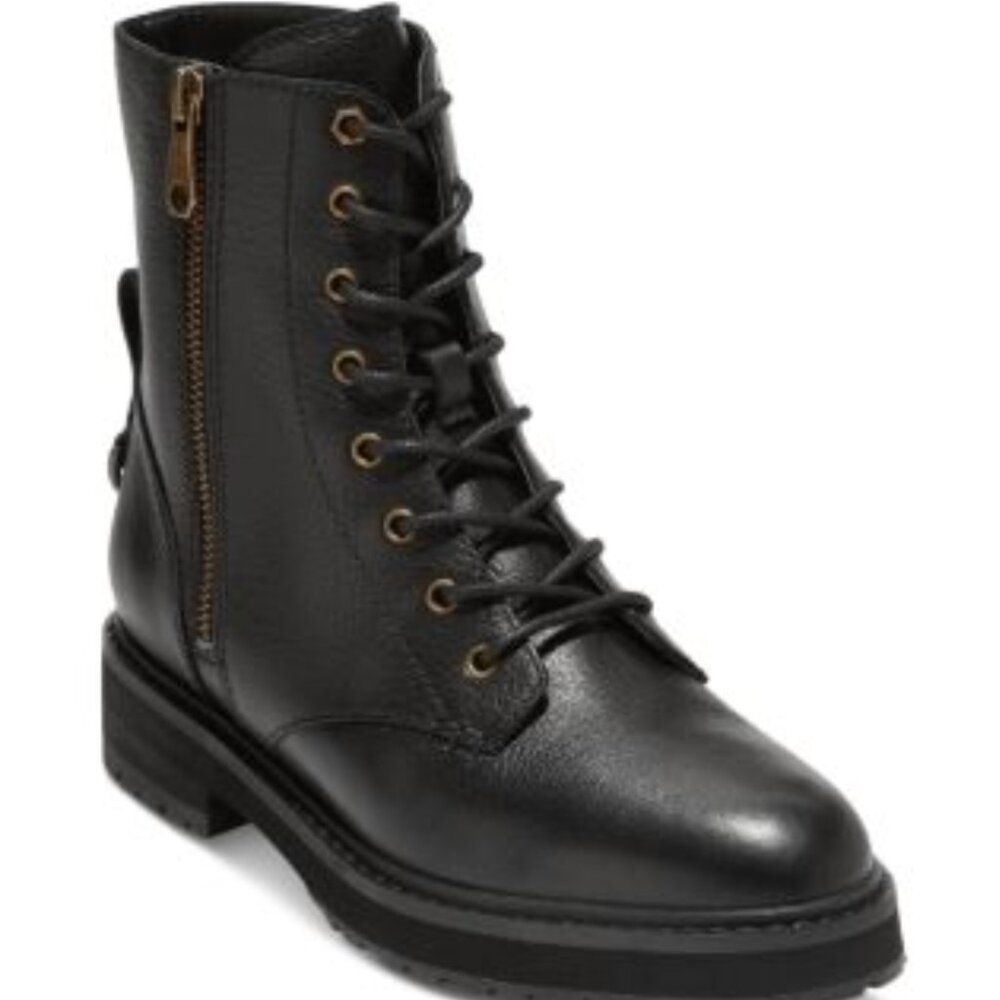 Cole Haan Black Leather Lace-Up Heeled Combat Boots